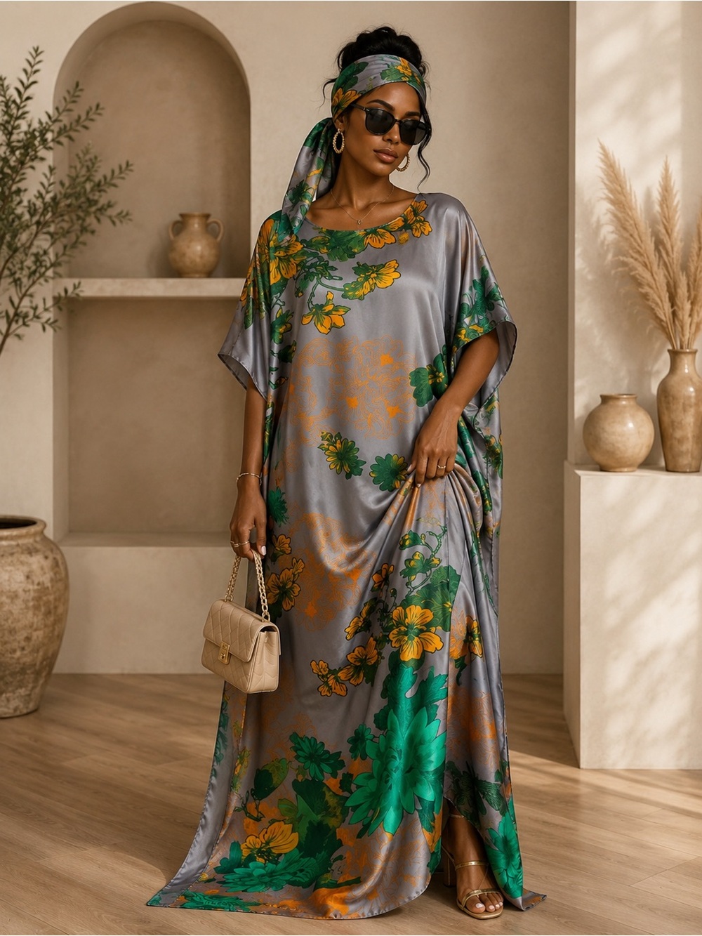 Luxe Satin Kaftan Maxi Dress & Matching Head Scarf | Resort Caftan Plus Size - Picture 2 of 2